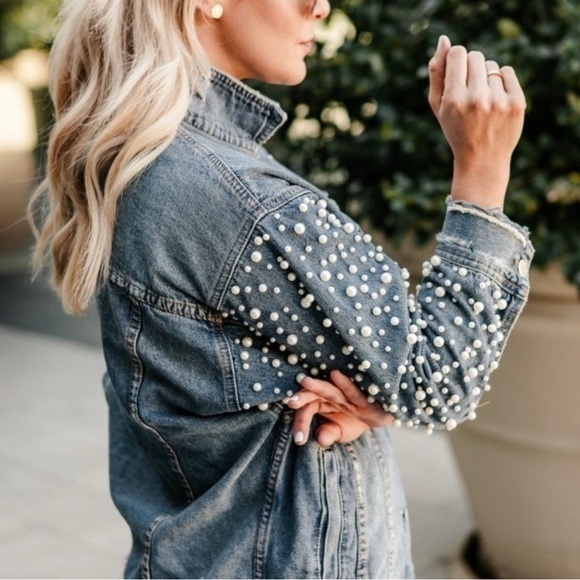 NEW Sunset & Spring Distressed Jean Jacket Oversized Pearl Embellished Denim XS - Picture 9 of 16